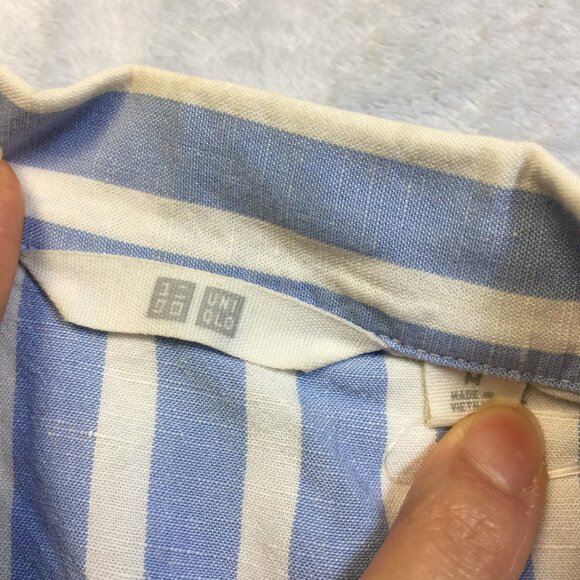 Uniqlo Shirt Size M Womans Blue White Striped Linen Blend Short Sleeve Cropped - Picture 9 of 15